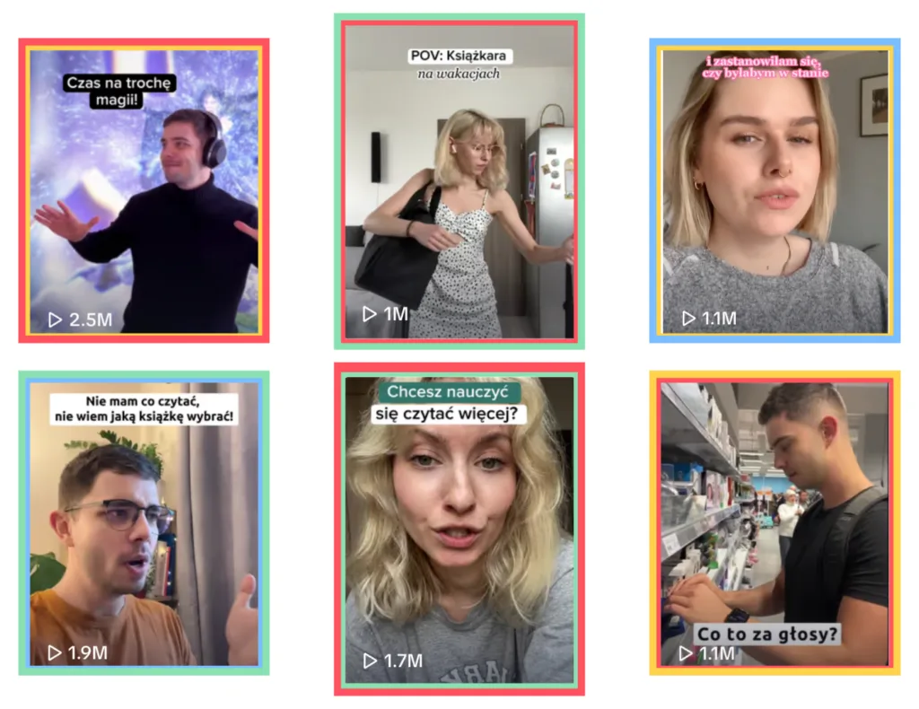 Grid of six TikTok video thumbnails from the Audioteka account with their view counts, ranging from one million to 2.5 million.